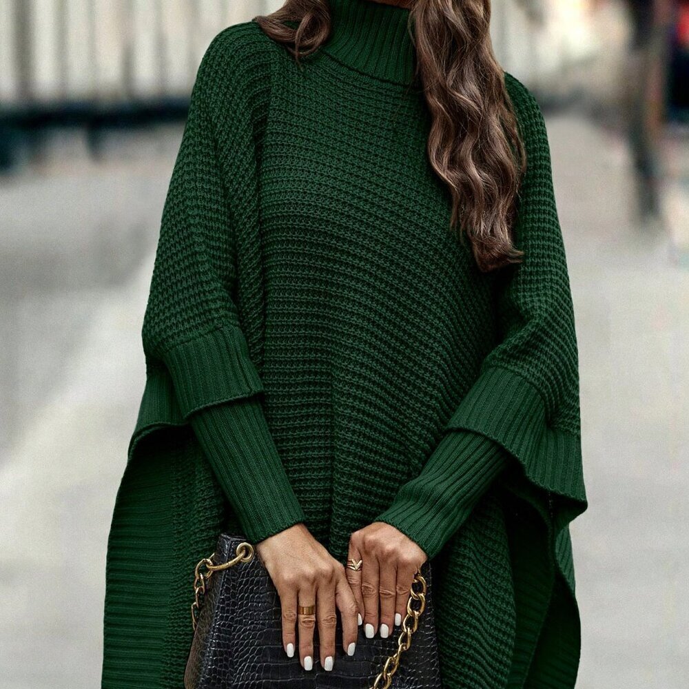 Dark Green Casual Women's Turtleneck Batwing Sleeve Poncho Sweater top